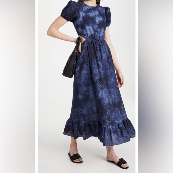 Likely Dresses & Skirts - Likely Rosa Dress Indigo Blue Tie-Dye Puff Sleeve Smocked Poplin Maxi